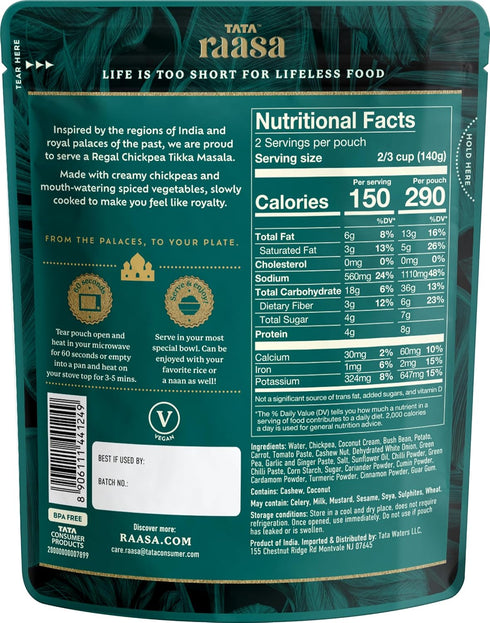 Tata Raasa 10 (Pack 6) Regal Chickpea Tikka, Vegan Friendly, Non-GMO, Ounce