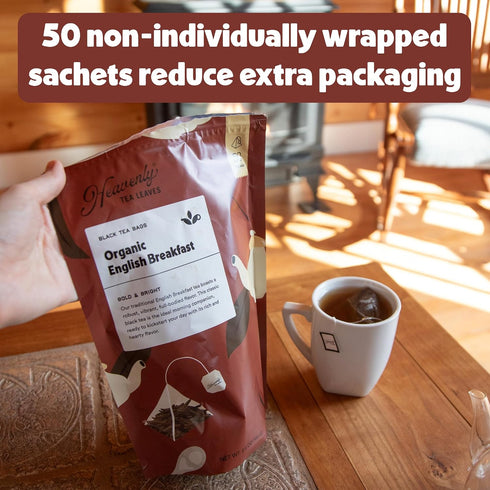 (50 100% Heavenly Tea Leaves Organic English Breakfast Pyramid Tea Bags), Bulk Compostable Black Tea Sachets - Plastic