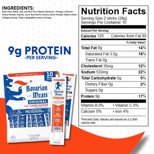 0.5 (Pack 10) Bavarian Meats Hot & Spicy Lil' Landjaeger Meat Sticks, Individually Wrapped Smoked Sausage Protein