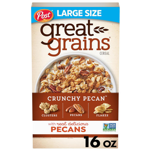 Great Grains Crunchy Pecans Breakfast Cereal for Adults, Crispy Flakes and Granola Clusters, Non-GMO,
