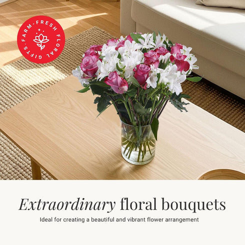 BloomsyBox Forever Blooming Bouquet Fresh Purple Roses & White Alstroemeria (Glass Vase Included) Fresh Flowers