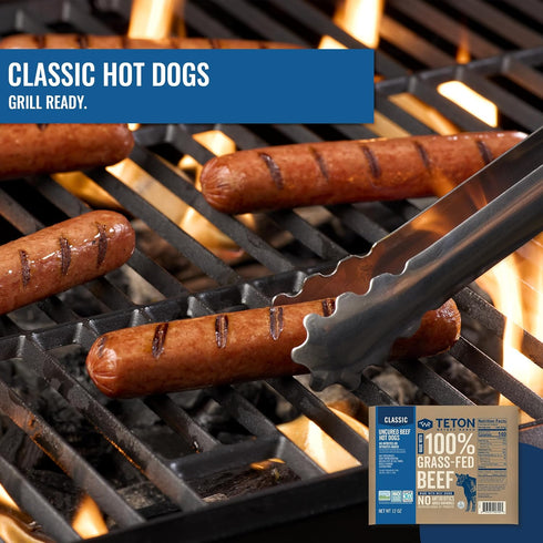 Teton Waters Ranch 100% 6 count, 12oz Grass-Fed Beef Hot Dogs, Uncured All Beef Sausage, Fully Cooked, No Antibiotics