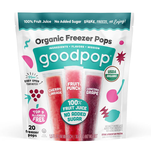 100% 20ct, GoodPop Organic Freezer Pops - Cherry Limeaide, Fruit Punch, Grape, Juice, No Added Sugar - Box