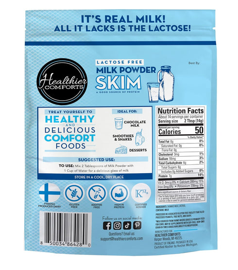 14 (7 oz) (7 oz) Healthier Comforts Lactose Free Skim Milk Powder | High Protein, Fat Free, Non-GMO, rBST Hormone Free