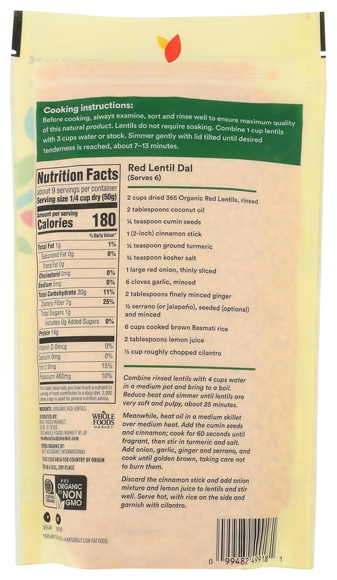 365 16 by Whole Foods Market, Organic Red Lentils, Ounce