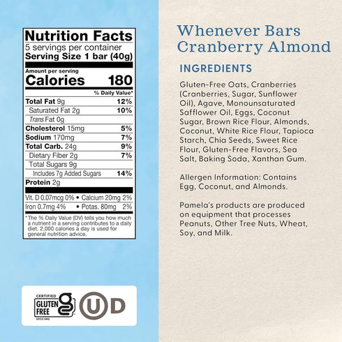 5 Count 7.05-Ounce (Pack 6) Pamela's Products Gluten Free Whenever Bars, Cranberry Almond, Box