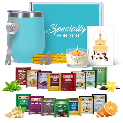 Birthday Gift Set with Stainless Tumbler, 15 Assorted Teas, 10 Honey Straws,