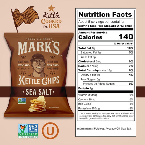 1 oz (Pack 24) MARKS Kettle Cooked Avocado Oil Potato Chips, Sea Salt Gluten Free and Seed Oil Free | Sea Salt, of |
