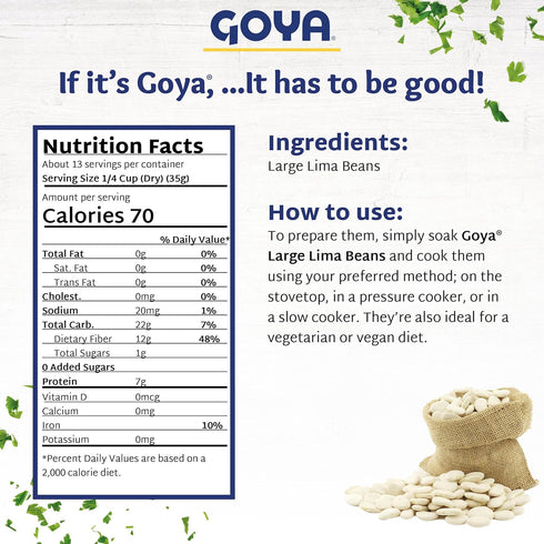 16oz. (Pack 2) Large Lima Beans by Goya, Butter Beans, Whole Dried Beans, Gigante Beans, Rich in Fiber, Nutritious