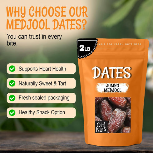 2 lb Oh! Nuts Jumbo Medjool Dates - Dried Dates - - Unpitted Medjool Dates - No Sugar Added - Dehydrated Fruit Snack