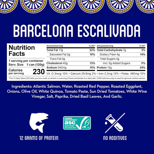 (10 Pack) (4.25oz Fresh Canned Salmon Barcelona Escalivada - Mediterranean Style Atlantic Salmon in Olive Oil