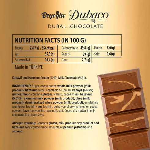 7.05 Oz (Pack 1), Beyoglu Dubaco Dubai Chocolate Bar Hazelnut of Luxury & Premium Dubai Milk Chocolate Bar Filled