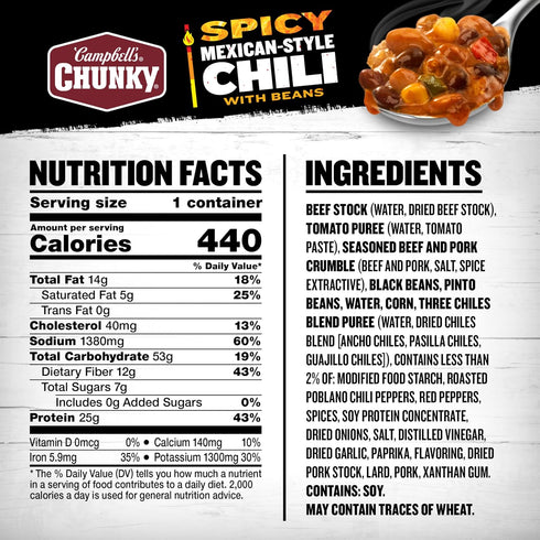 15.25 oz Campbells Chunky Spicy Mexican-Style Chili With Beans, Bowl