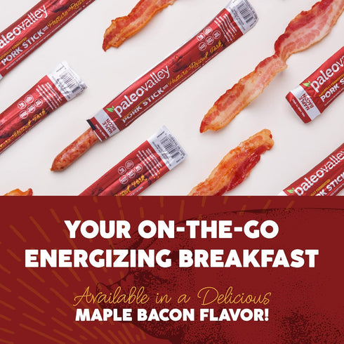 28g 10 Paleovalley Pasture-Raised Pork Sticks - Maple Bacon Flavor Meat Sticks Individually Wrapped, - Sticks