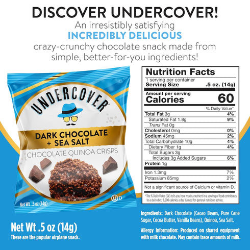 30-Count, Undercover Snacks Chocolate Quinoa Crisps - Dark Chocolate + Sea Salt | Individually Wrapped Crisps | Gluten