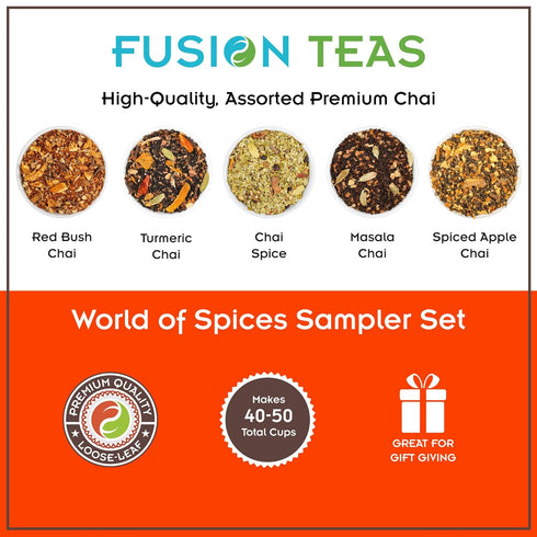 World of Spices Sampler Set, An Assortment of Spiced Loose-Leaf Teas, Premium Chai Selections, 5 Sample Pouches with 3 Black Chai and 2 Herbal Chai Options Including Red Bush Herbal Chai, Turmeric Chai Black Tea, Chai Spice Yerba Mate, Masala Chai Black T