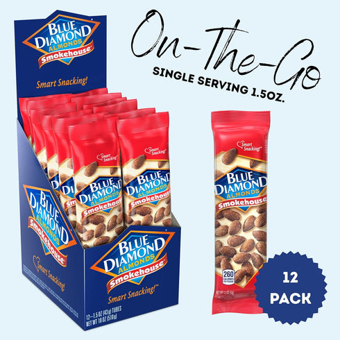 (1.5 Oz. Pack 12) Blue Diamond Almonds, Smokehouse Flavored Snack Nuts, Single Serve Bags Tubes