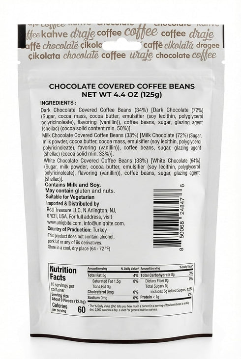 4.4 Oz, UNIQBITE Chocolate Covered Coffee Beans, Mixed Chocolate Dragees with Whole Roasted Coffee, White-Dark-Milk