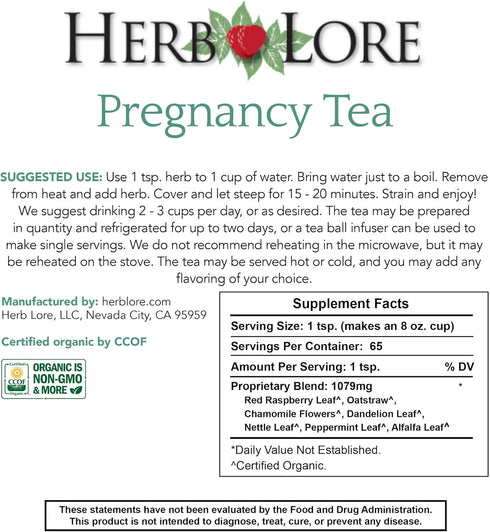 Herb Lore 65 Organic Pregnancy Tea - Servings Loose Leaf - Raspberry Leaf Tea for Pregnant Women - First Trimester
