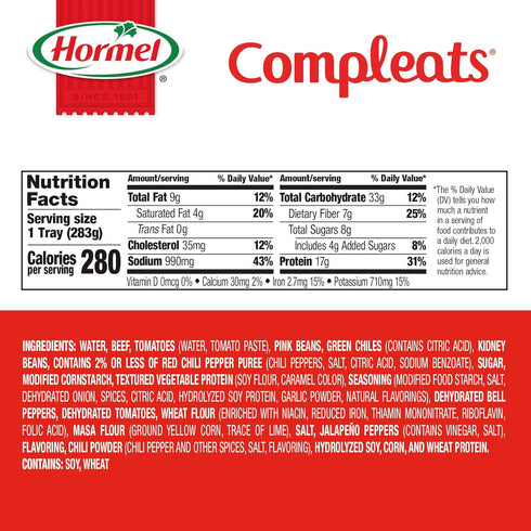 10 (Pack 6) HORMEL COMPLEATS Chili with Beans Microwave Tray, Ounces
