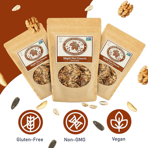 3 Pack Maple Nut Kitchen Maple Nut Granola Vegan & Gluten-Free Oats with Walnuts, Pumpkin & Sunflower Seeds | Low