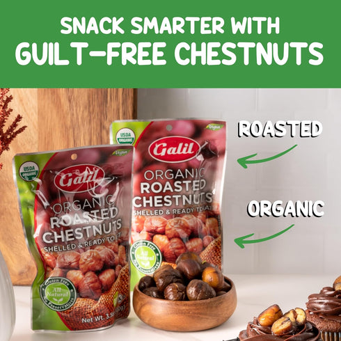 Pack 6, 3.5 oz Galil Organic Roasted Chestnuts, of Bags, Shelled Chestnut, Chestnuts Roasted Peeled