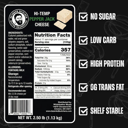 2.5 lbs 1/4" 25 lbs 400F Bearded Butchers High-Temp Pepper Jack Cheese Shelf-Stable Cubes for Up to of Meat