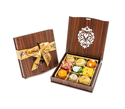 Sukhadia Sweets - Wooden Square 9pc - Indian Mithai Gift- Assorted Nuts