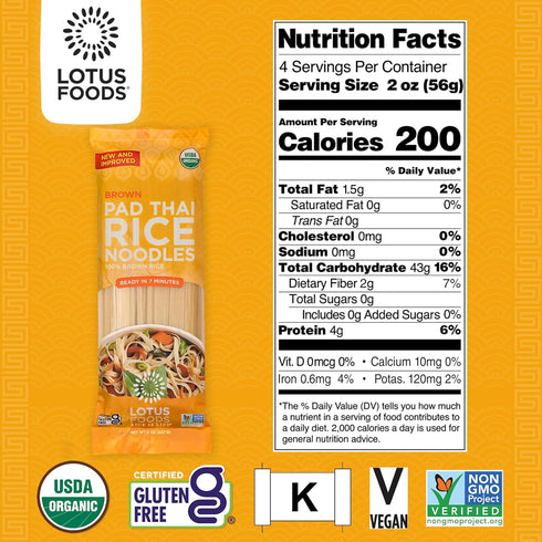 Lotus Foods Organic Brown Rice Pad Thai Noodles - Asian Style Noodles for Stir Fry, Gluten Free, Vegan, Whole Grain,
