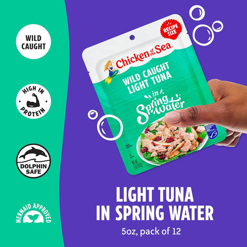 5 Packets, 12-Count 100% Chicken of the Sea Wild Caught Light Tuna in Spring Water, Ounce High Protein Skipjack Tuna