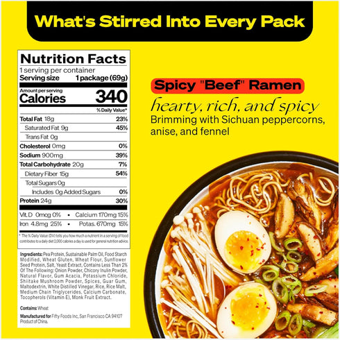 immi 100% Packaged 6 Pack Spicy "Beef" Ramen, Plant Based, Keto Friendly, Low Carb, High Protein, Noodle Meal Kit