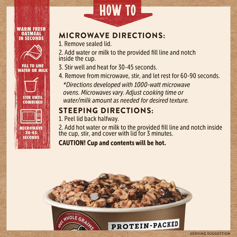 2.12oz (Pack 12) Kodiak Cakes Instant Protein Chocolate Chip Oatmeal in a Cup