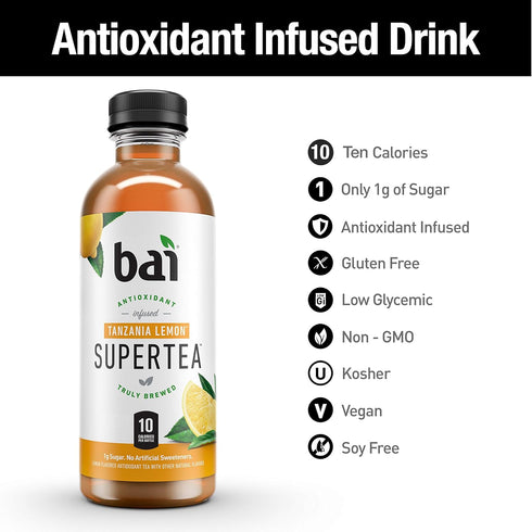 18 (Pack 12) Bai Iced Tea, Tanzania Lemon, Antioxidant Infused Supertea, Crafted with Real Tea (Black Tea, White Tea)
