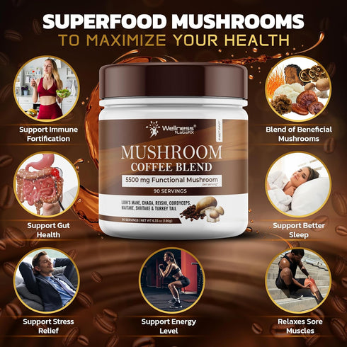 90 7 Mushroom Coffee, Servings Organic Mushrooms Instant Coffea, Great Tasting Colombian Keto Coffee, Superfood