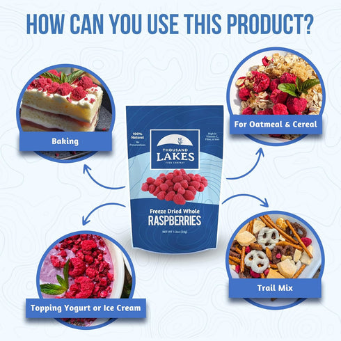 Thousand Lakes Freeze Dried Fruit - Raspberries 1.2 Ounces, No Sugar Added, 100% Whole Raspberries