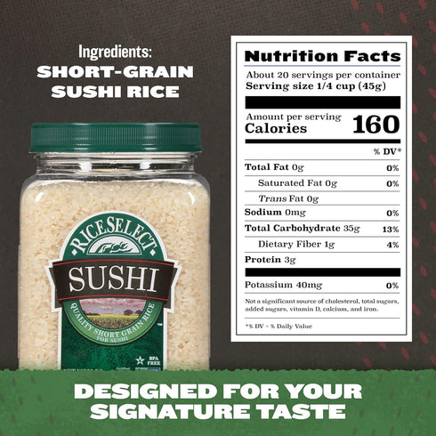 32-Ounce RiceSelect Sushi Rice for Sushi and Japanese Food, Premium Gluten-Free Short-Grain Rice, Non-GMO, Jar