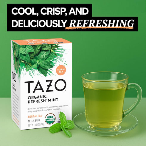 96 (Pack 2) TAZO Refresh Mint Herbal Tea Bags with Peppermint and Spearmint, Caffeine Free, Tea Bags