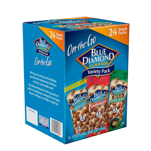 Pack 0.75 oz Packs, (Pack 1,24 Count Blue Diamond Almonds Snack Nut Variety for Kids, Office, School, On-the-go, Gluten