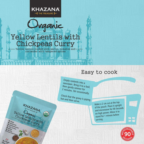 Lian Style Corporation 10oz 90 2-Packs ORGANIC Ready to Eat Indian Meals- Yellow Lentils w/ Chickpeas Curry - Pouches |