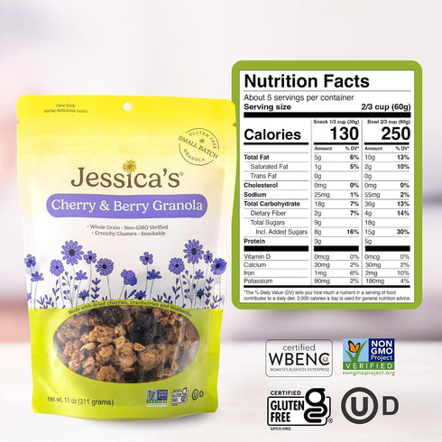 11oz (3 Pack) Jessicas Cherry & Berry Granola - Handmade, Non-GMO, Gluten-Free, Whole Grain
