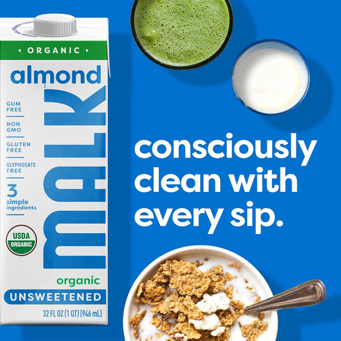 (32oz, Pack 6) 30, MALK Almond Milk Unsweetened of - Shelf Stable Organic Almond Milk, Non GMO, Whole Dairy Free
