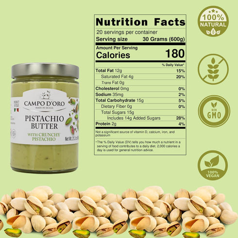 21.2oz (600g), Campo D'Oro - Pistachio Butter Sweet Cream, Rich & Nutty Pistachio Spreand Cream to make Dubai Chocolate
