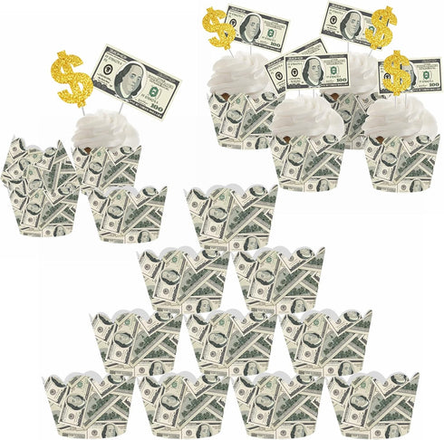 The DaPai 48Pcs 100 Set Dollar Bill Cupcake Wrappers and Toppers Currency Symbol Cupcake Holders with Treat Picks Kit