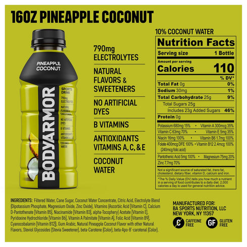 Potassium-Packed 16 Oz (Pack 12) BODYARMOR Sports Drink Sports Beverage, Pineapple Coconut, Coconut Water Hydration