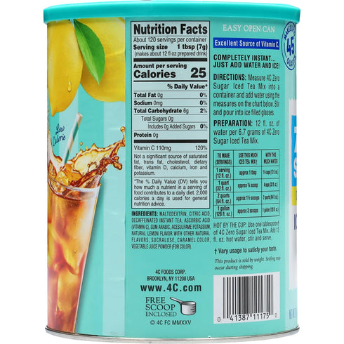 4C 45 28.4 (Pack 1)) Zero Sugar Powdered Drink Mix Cannisters, Zero Sugar Decaffeinated Iced Tea, Quarts, Family Sized