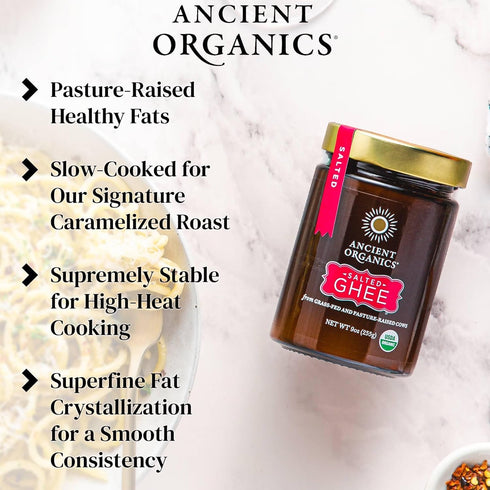 9 Oz (Pack 1) Ancient Organics Salted Ghee - Organic Grass Fed Ghee Butter, Gluten Free, Clarified Butter, Vitamins
