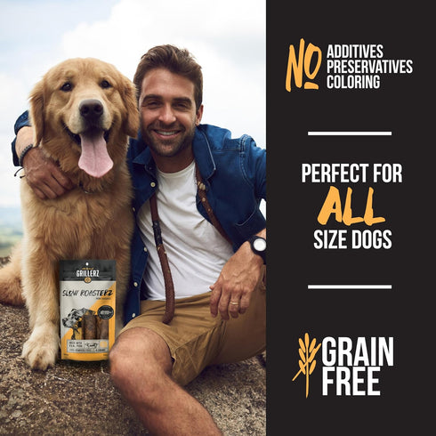 4 Count, 6 inch, Grillerz Slow Roasterz Pork Sausages, All Natural Dog Treat for All Breeds, Dog Chew for Healthy Teeth