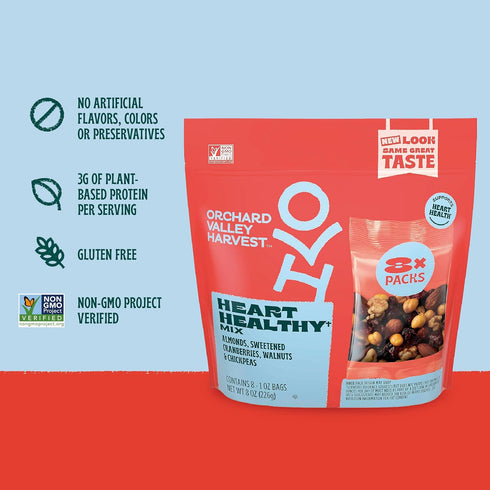 1 (Pack 8), Orchard Valley Harvest Heart Healthy Blend, Ounce Bags of Almonds, Cranberries, Walnuts, and Chickpeas