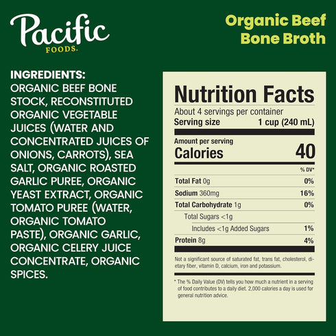 32 oz Pacific Foods Organic Beef Bone Broth, Carton
