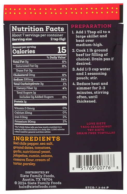 30 (1 Packet) Siete Spicy Taco Seasoning Mix | Gluten Free | Vegan | Paleo | Preservative Free | Whole Approved
